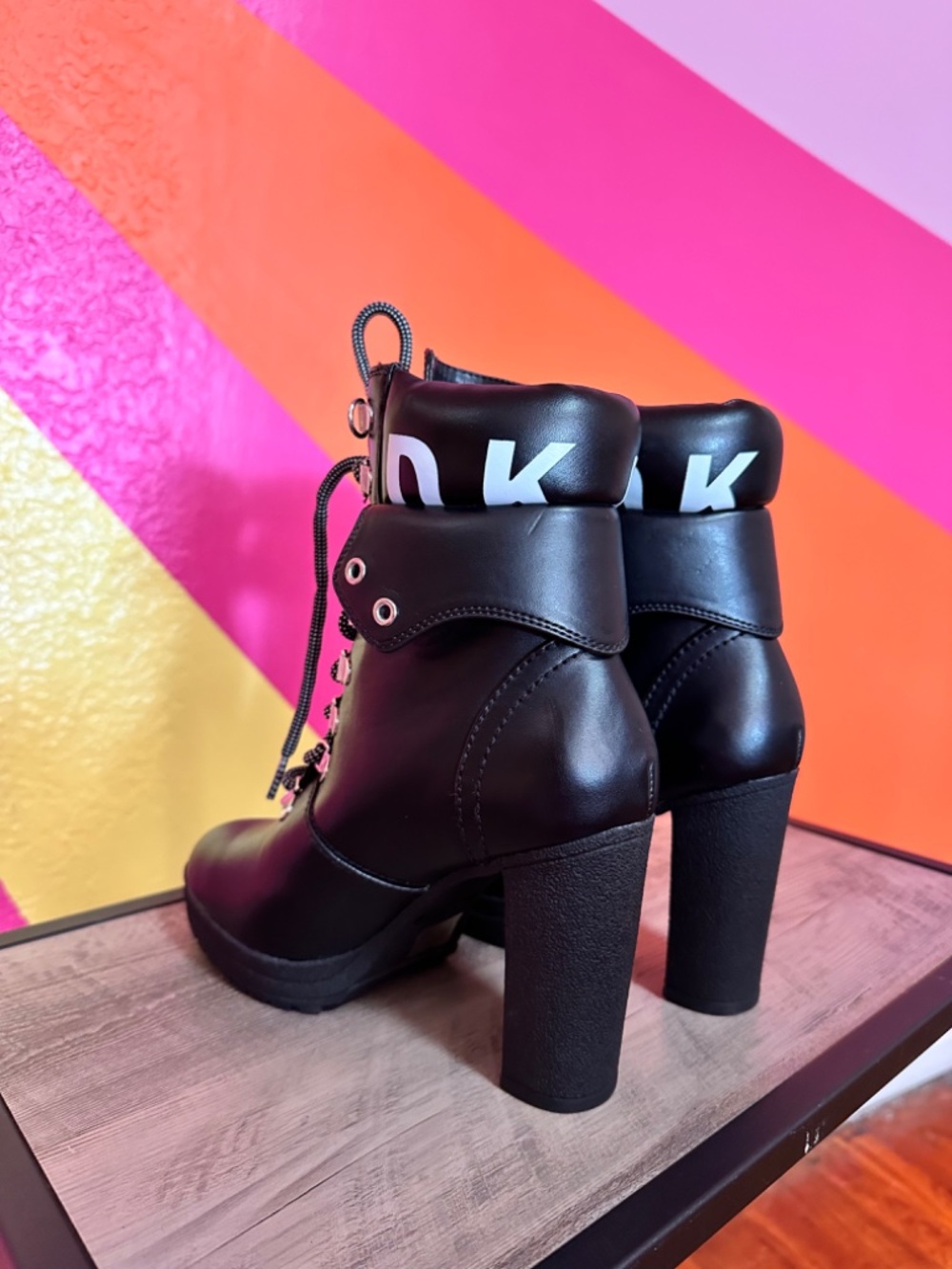 DKNY Black Leather Lace-Up Ankle High Heeled Boots Women's 6.5 - Picture 3 of 14